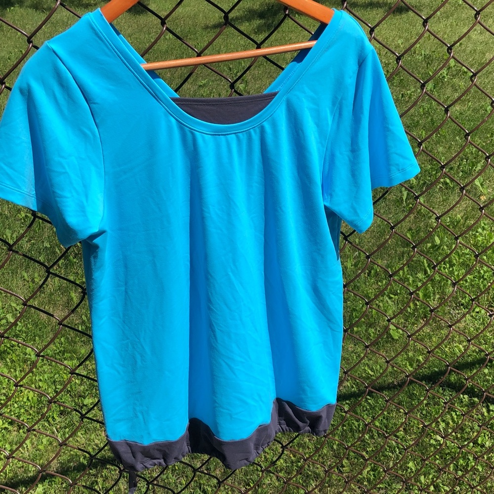 Amoena Teal Blue & Dark Grey Stretchy S/S Top Size M Drawstring Toggle Hem #717